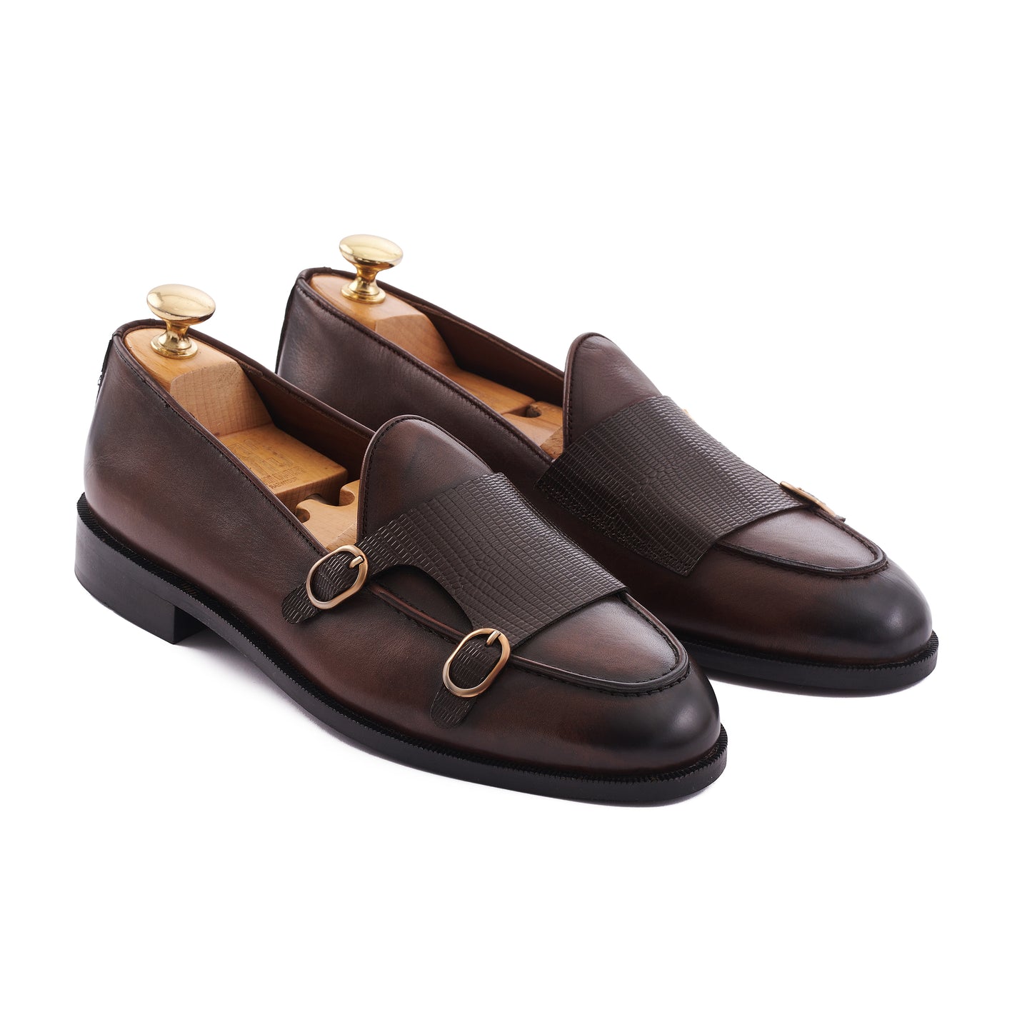 Double Monk Loafers .DARK BROWN-LIZARDS